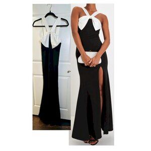 Lulus Luxurious Outlook Black with White Bow Mermaid Maxi Dress Medium